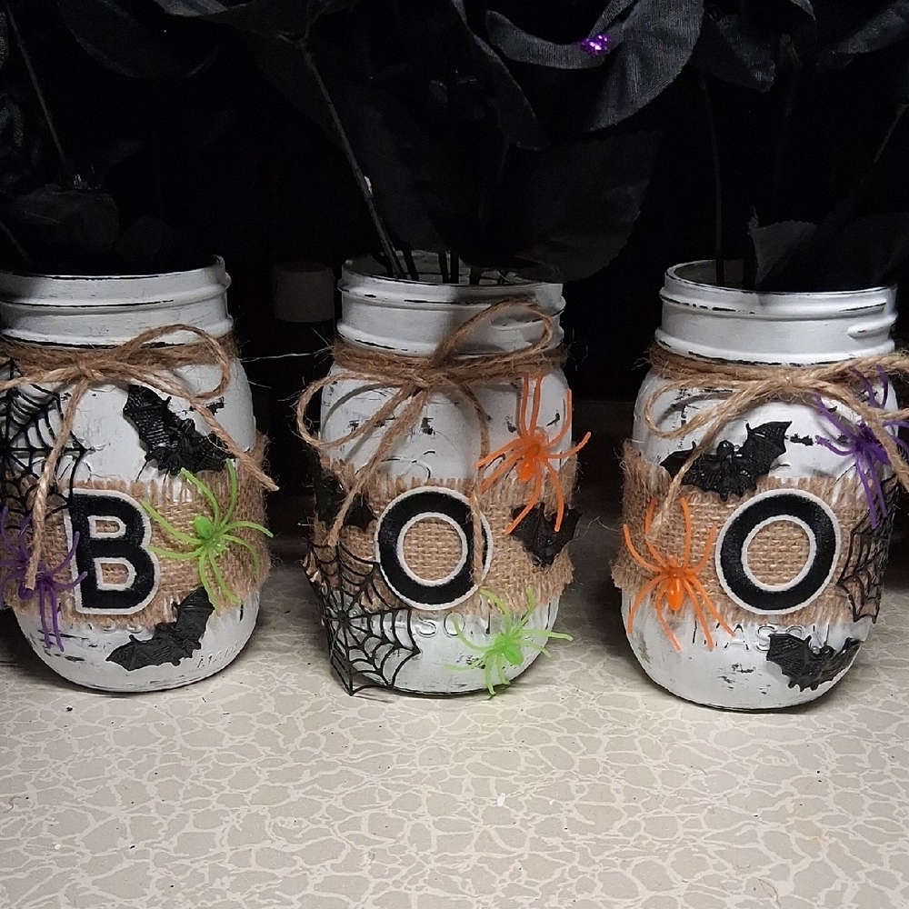 Halloween BOO Mason Jars with Spider Decor